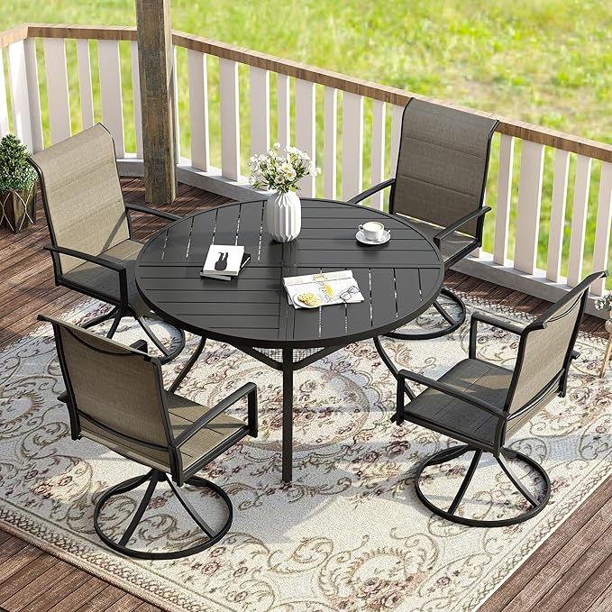VICLLAX Patio Dining Set for 4, 4 Seats Outdoor Furniture Includes 40.7" Round Patio Table and Swivel Padded Chairs, Black Tabletop and Mixed Brown Fabric