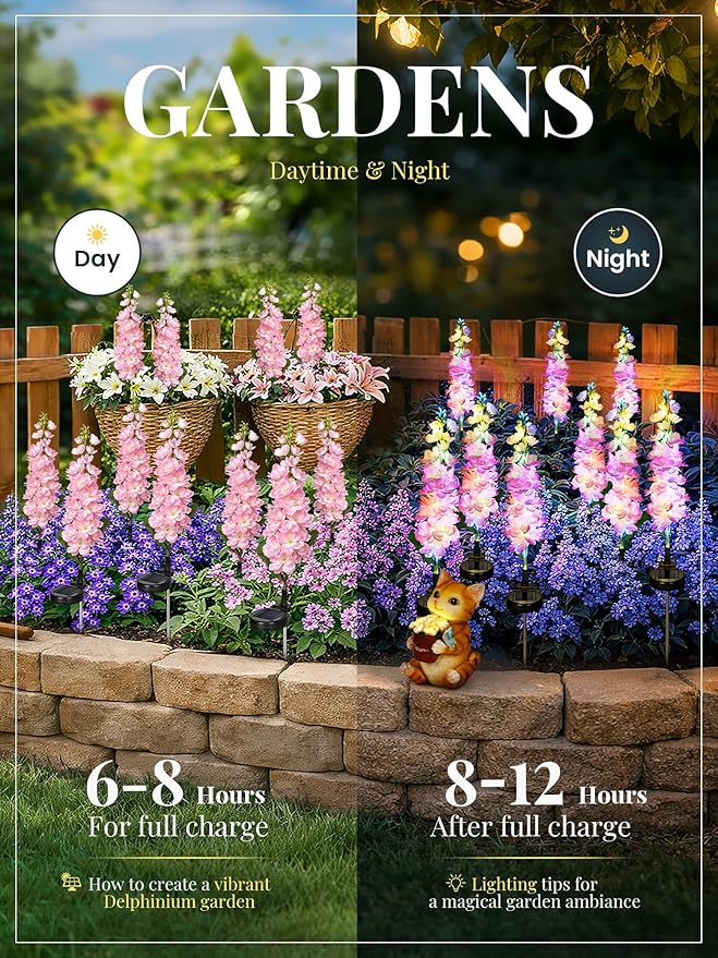 GIGALUMI Solar Lights Outdoor for Garden Decor, 3 Pack Solar Flower Lights Waterproof, 2 Lighting Modes Delphinium for Pathway,Yard, Patio Decoration, Gardening Gifts for Women (Pink)