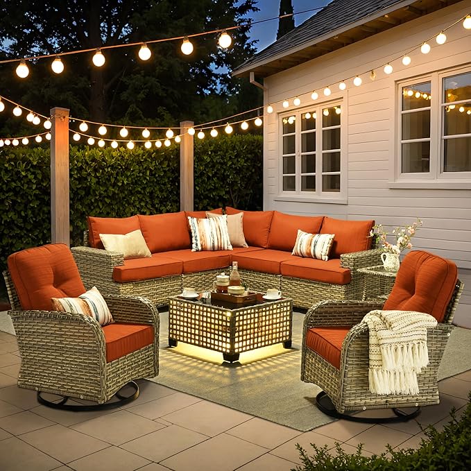 9 Pcs Outdoor Sectional Patio Furniture Set with Swivel Rocking Chair - All Weather Wicker Modular L Shaped Outside Sectional Couch,Patio Seating Outdoor Conversation Sets for Deck Yard,Orange Red