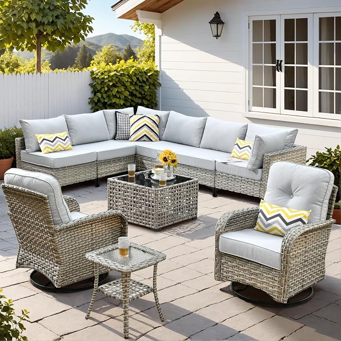 10 Pieces Wicker Patio Furniture Set,Outdoor Sectional Sofa with Swivel Chairs Coffee Table,Outside Deep Seat Rattan Couch Conversation Set,Light Grey