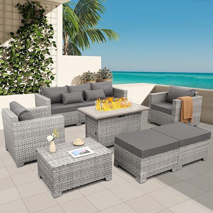 WAROOM Patio Furniture Set 6 Piece PE Rattan Outdoor Conversation Sets Grey Wicker Couch Sectional Sofa with Fire Pit Table and Grey Cushion