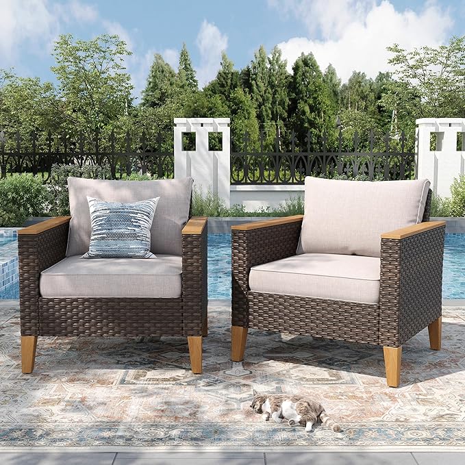 PHI VILLA Outdoor Wicker Patio Furniture Sectional Sofa Set with Cushion Couch for Poolside,Garden 2 x Single Sofa,Beige