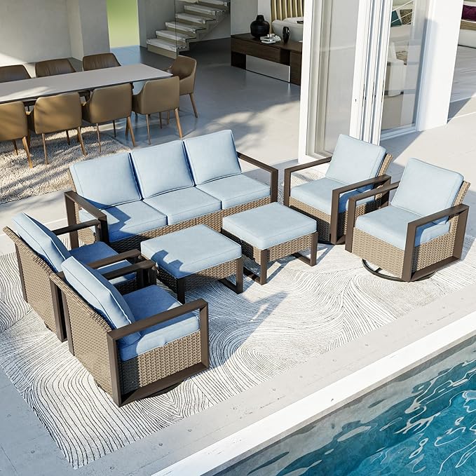 Outdoor Patio Furniture Set, 7 Piece Wicker Patio Conversation with Deep Seating, Thicken Cushions, Outdoor Swivel Rocker Patio Chairs, Metal Outdoor Furniture for Deck, Porch, Yard Use