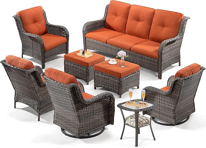 Wicker Patio Furniture Sets 8 Piece Set with 3-Seat Sofa, 2 Swivel Rocking Armchairs, 2 Armchairs, 2 Ottoman and 1 Side Table Wicker Furniture Sectional Conversation Set, Orange
