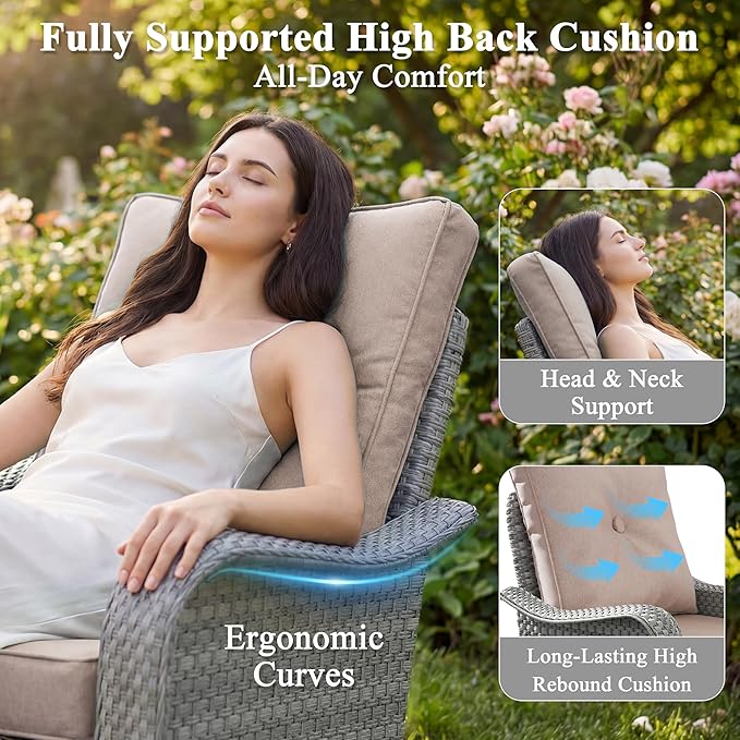 6 Piece Wicker Patio Furniture Set, Swivel Rocking Chairs with 4''Cushions, PE Rattan, Rust Resistant Frame, Double Layer Glass Side Table, for Backyard, Deck or Balcony, Beige