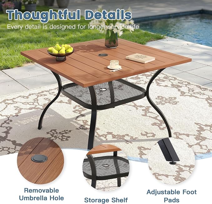 DIFY 5 Piece Patio Dining Set for 4, Wicker Stackable Patio Chairs & 37.8" Square Walnut Metal Dining Table with Umbrella Hole, All Weather Outdoor Table and Chairs Set for Deck Garden Backyard