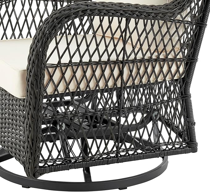 Manhattan Comfort Fruttuo 3-Piece Patio Conversation Set, Swivel Steel Rattan Chairs with Removable Cushions & Tempered Glass End Table, Weather-Resistant Outdoor Furniture for Backyard & Porch, Cream