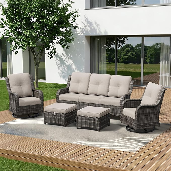 5 Piece Outdoor Wicker Patio Furniture Set, Outdoor Swivel Rocker Patio Chairs Set with Thickened Olefin Cushions, High Back and Deep Seating, Hand-Woven PE Rattan for Porch, Deck