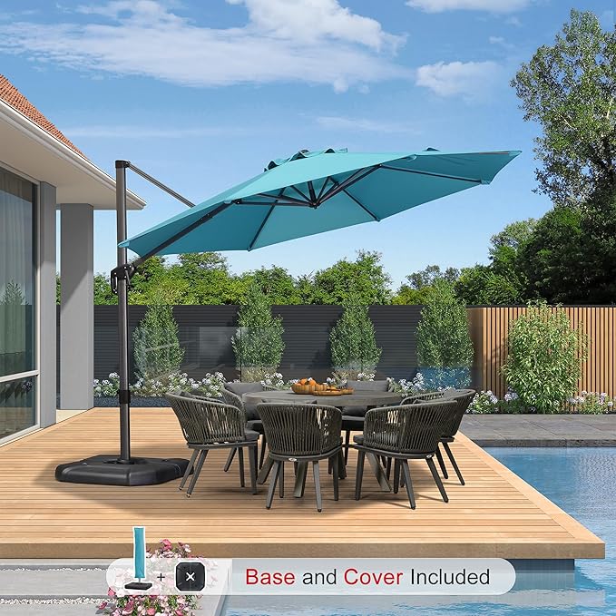 PURPLE LEAF 11 Feet Patio Umbrella with Base and Cover Round Outdoor Cantilever Umbrella Aluminum Offset Umbrella with 360-degree Rotation for Garden Deck Pool Patio Turquoise Blue