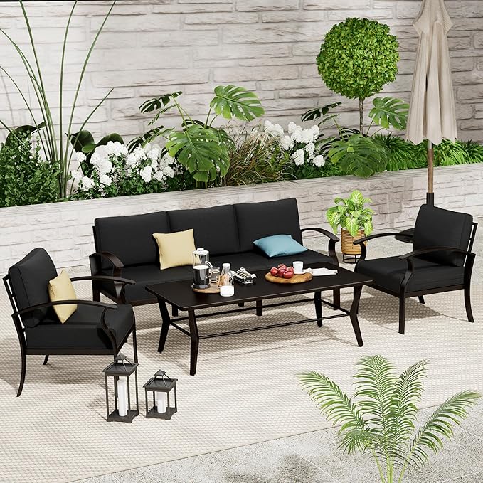 Aluminum Outdoor Patio Conversation Furniture Set,5 Seats Metal Modern Outdoor Furniture with Coffee Table & Washable 5.1" Thick Cushions,Patio Sectional for Backyard,Patio,Black