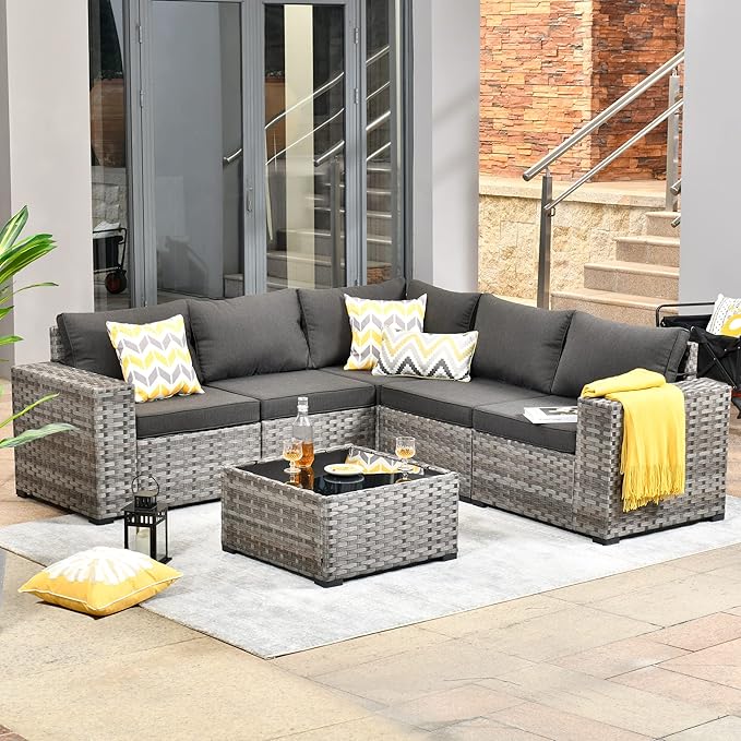 HOOOWOOO Outdoor Patio Sectional Furniture Sofa Set with Widened Armrest,6 Piece Small Modern Wicker Couch,Modular L Shaped Conversation Seating Set with Table for Out Door Garden Corner(Black)