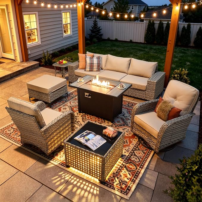 9-Piece Wicker Outdoor Sectional Furniture with Fire Pit, Wide Armrest Patio Couch Set Swivel Rocking Chair Ottoman Solar Table, Modular Conversation Sets for Backyard Deck Garden, Beige