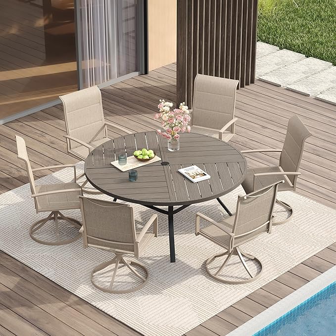 VICLLAX Patio Dining Set for 6, 6 Seats Outdoor Furniture Includes 50.1" Round Patio Table and Swivel Padded Chairs, Grey Wood Grain Tabletop and Sandshell Fabric