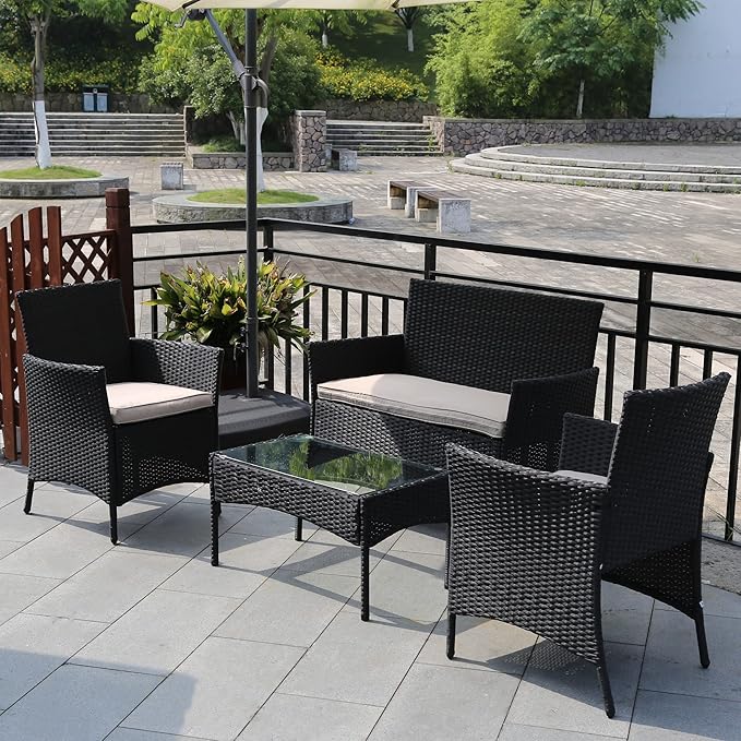 PayLessHere 4 Pieces Patio Furniture Set Rattan Outside Furniture Wicker Sofa Garden Conversation Sets with Soft Cushion and Glass Table for Yard Pool or Backyard,Black