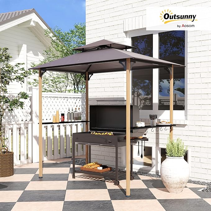 Outsunny 8' x 5' Grill Gazebo, Double Tier Outdoor BBQ Gazebo Shelter with 2 Side Shelves & 10 Hooks, UV and Water Resistant, Barbecue Grill Gazebo for Patio, Garden, Backyard, Beach