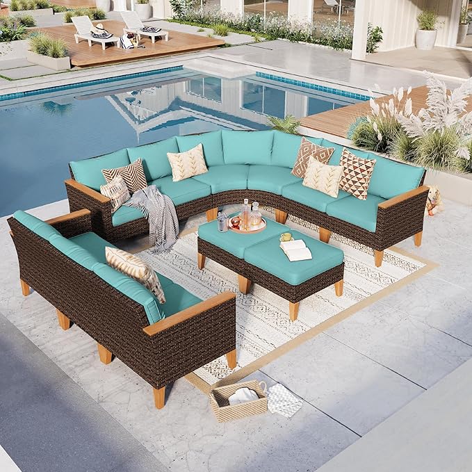 GREEN PARTY 11 Pieces Wicker Patio Furniture Set, All-Weather Outdoor Rattan Half-Moon Curved Patio Sectional Sofa Conversation Set with 4" Thick Cushions for Garden, Backyard, 2 x Ottomans (Blue)