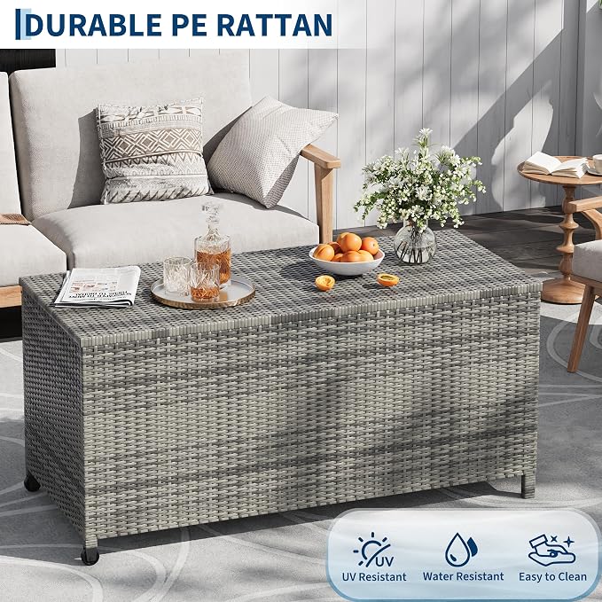 Litake Large 125 Gallon Outdoor Deck Storage Box with Wheels & Handles – Heavy Duty Waterproof PE Rattan Chest – Weatherproof Patio, Garden, Poolside Organizer – Grey