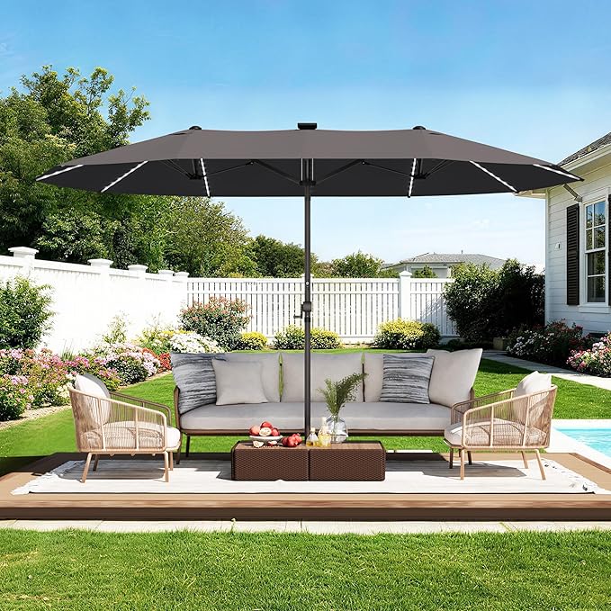 GDPFN 15ft Rectangular Patio Umbrella with Solar LED Lights, Double-Sided Outdoor Market Umbrella Extra Large Shade for Pool, Deck, Backyard, Garden, Dark Gray (Base Not Include)