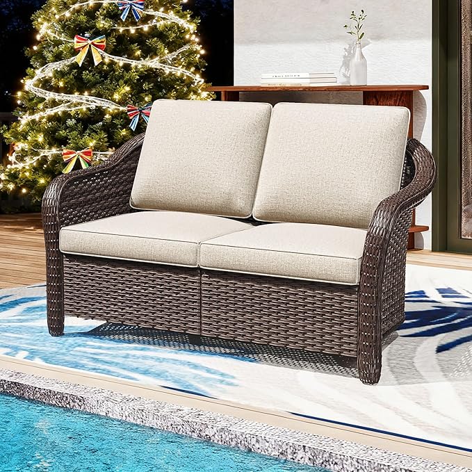 55" Outdoor Loveseat Wicker 2-seat Sofa with Removable Cushions, Conversation Patio Furniture, PE Rattan Couch, Steel Frame Couch with Cushions for Backyard, Deck (Beige)