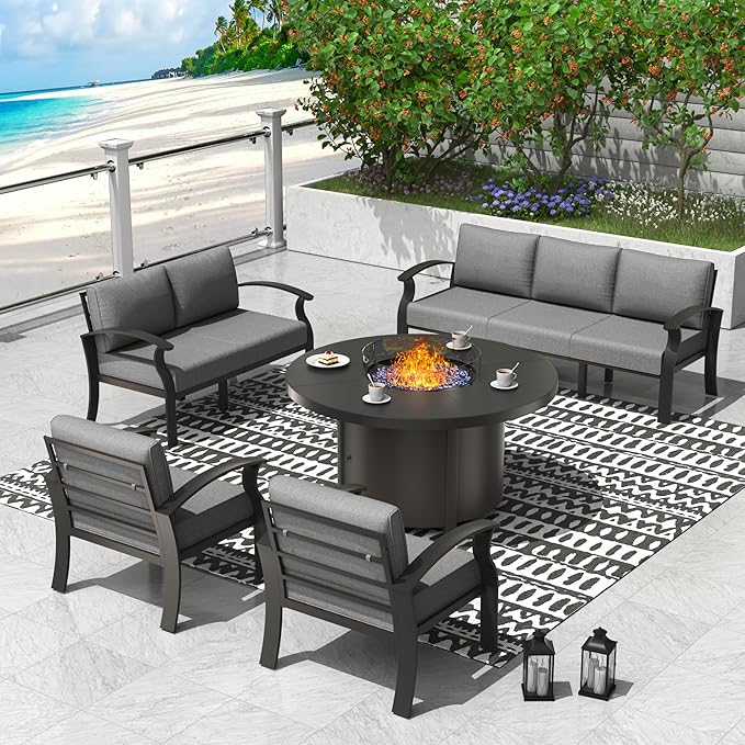 ALAULM Aluminum Patio Furniture Set with Round Propane Fire Pit Table 7-seat Metal Outdoor Furniture w/5.1" Cushions Patio Sectional Sofas for Porch, Lawn, Poolside（Grey