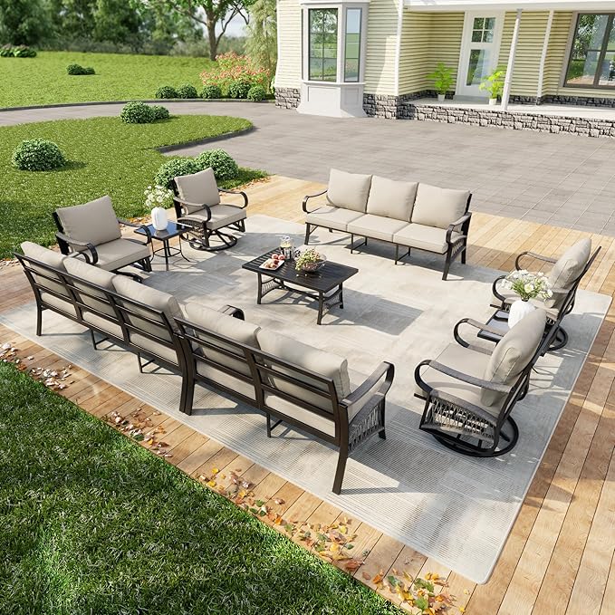 10 Pieces Patio Furniture Set, Metal Outdoor Conversation Sets with Swivel Chairs, Modern Couch Sofa Seating Group with Coffee Table and Side Table (Thick Beige Cushions)