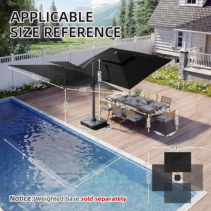 9 X 12 FT Cantilever Outdoor Patio Umbrella with Led Lights Heavy Duty Windproof Double Top Large Rectangle Offset Umbrellas with 360-degree Rotation for Garden Pool Deck Backyard, Black