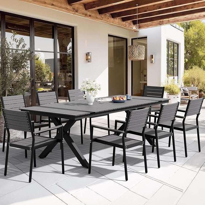 Pellebant Outdoor Dining Set for 8, 9 Pieces Aluminum Patio Table and Stackable Armrest Chairs with Umbrella Hole & Wood-Like Top, Grey