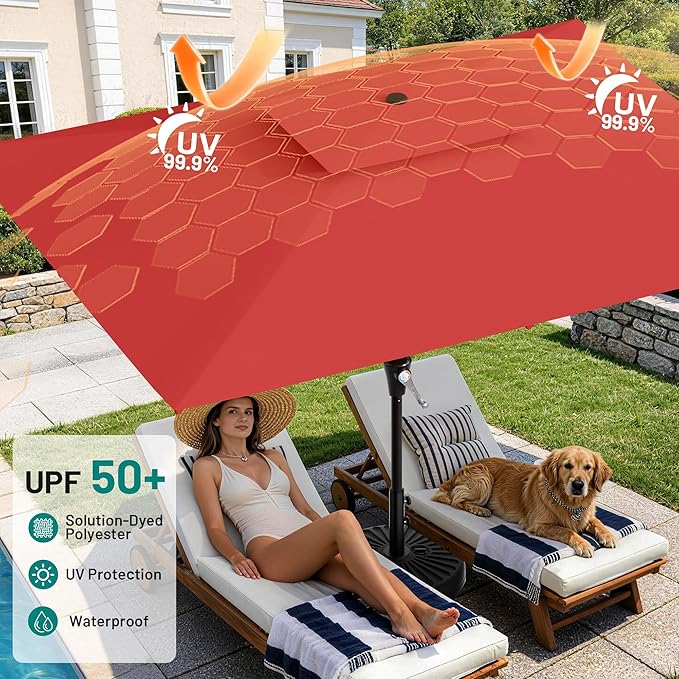 AreShark 8'x10' 2 Tiers Rectangular Patio Umbrella - Outdoor Umbrella Waterproof UV Protection, Market Table Umbrella w/Crank for Pool, Backyard, Deck(Red)