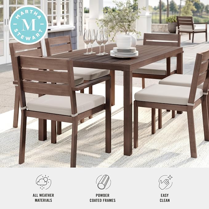 Martha Stewart Bedford 62" Indoor-Outdoor Aluminum Patio Table with Umbrella Hole and Brushed Woodgrain Finish in Brown