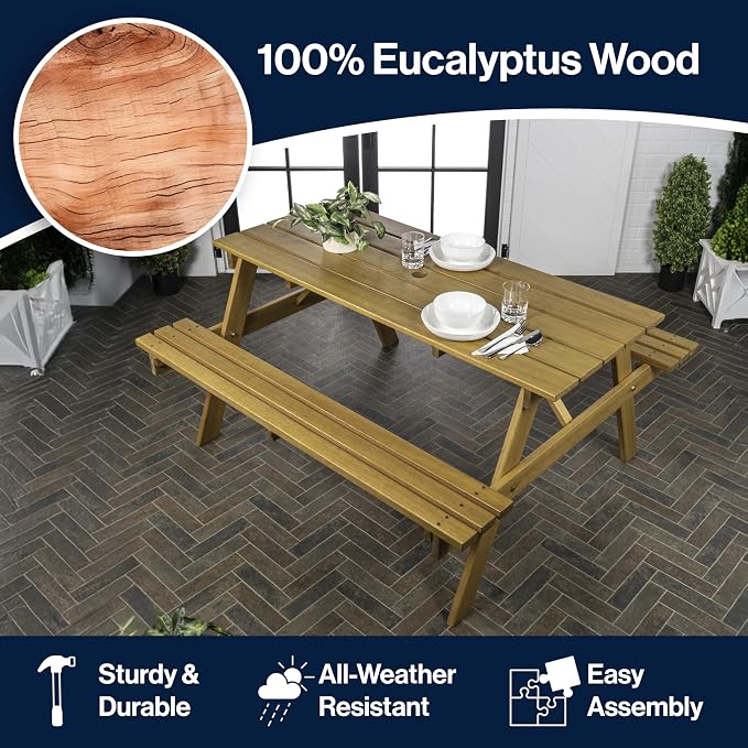 JONATHAN Y Shoreham 59" Eucalyptus Wood Outdoor Picnic Table with Benches for Patio, Rectangular Dining Set with 2" Umbrella Hole, Heavy Duty 700 lbs Capacity, Teak Brown BNH200A