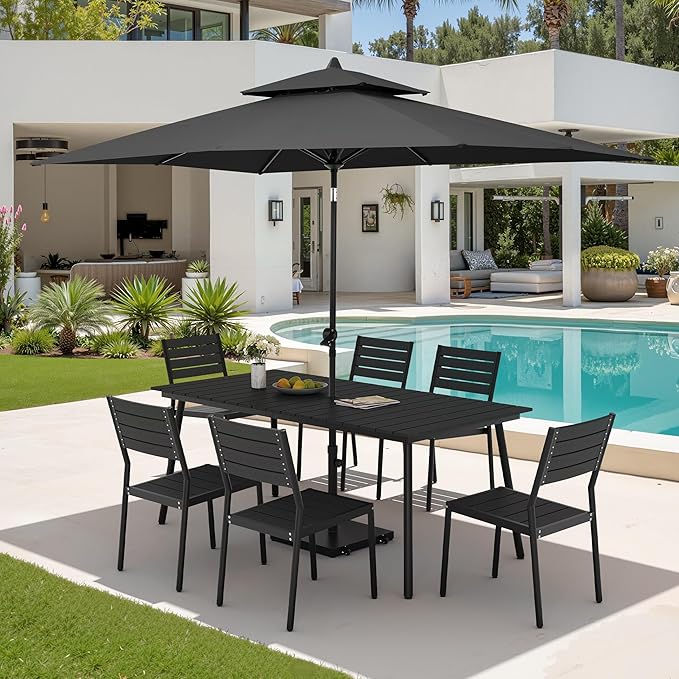 9-10ft Patio Umbrella with Base Included - Outdoor Table Umbrella with 2-Year Fade-Resistant Canopy, 43-lb Heavy-Duty Concrete Umbrella Stand with Wheel for Deck, Porch & Backyard