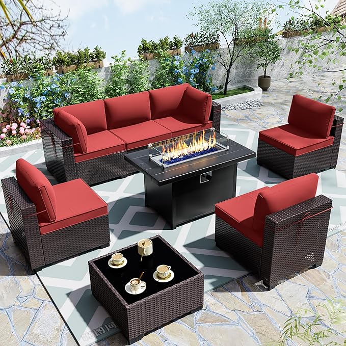 Outdoor Terrace Furniture Set, 8 Piece Outdoor Furniture Set, with 43 inch Aluminum 55002 BTU Propane fire Pit, PE Willow Vine Terrace Dialogue Set - Red.