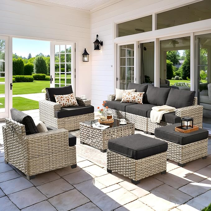 8 Pcs Outdoor Sectional Patio Furniture Set with Ottomans - All Weather Wicker Modular Outside Sectional Couch,Patio Seating Outdoor Conversation Sets for Deck Yard Garden,Black