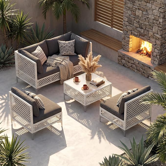ENSTVER 5-Piece Outdoor Patio Furniture Set, Value Lightweight Boho Outdoor Sectional with Handwoven Wicker & Easy Assembly, Durable Outdoor Sofa for Small Patio, Balcony（Cushion Dark Grey）