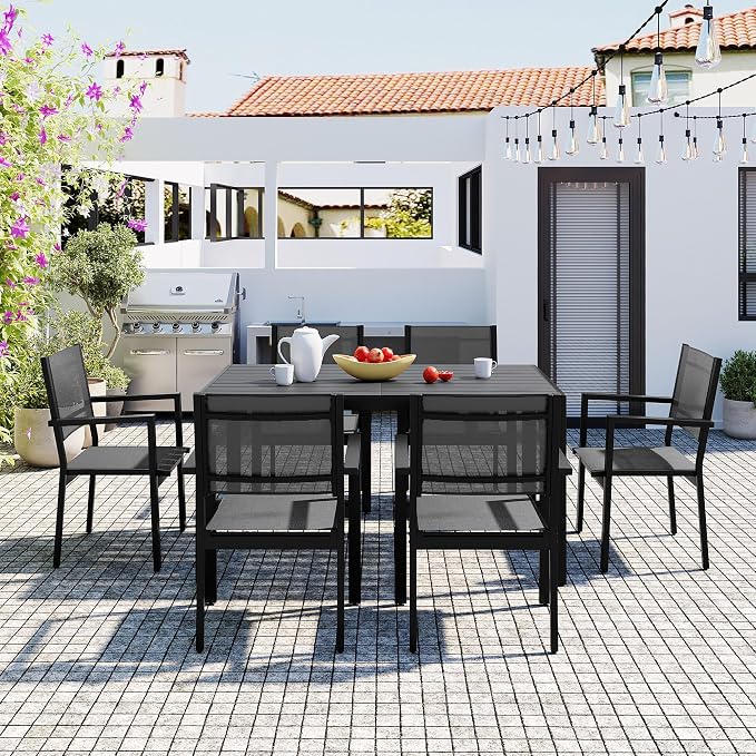 U-Style Steel Outdoor Table and Chair Set, 7 Piece Patio Dining Set for 6, Rectangular Balcony Table and Chairs, Suitable for Patio, Courtyard, Garden (Gray)