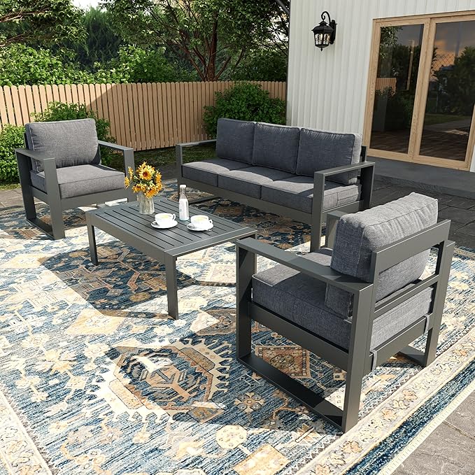 4 Piece Modern Aluminum Patio Furniture Set, Outdoor Patio Sectional Conversation Metal Seating Sets with Olefin Cushion and Coffee Table