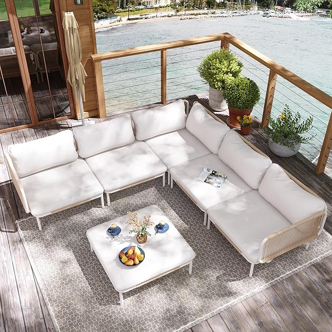 Patio Furniture Set, Outdoor Patio Furniture Oversized Metal Single Sofa, 1-seat Conversation Set with Cushion for Indoor and Outdoor, White Frame and Beige Mat (1 Seat 2 Armrests)