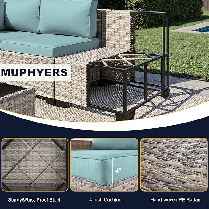 14-Piece Outdoor Patio Furniture Set, PE Wicker Rattan Sectional Sofa Conversation Set with Tempered Glass Table & Thick Cushions - All-Weather Garden, Backyard Furniture, Light Blue