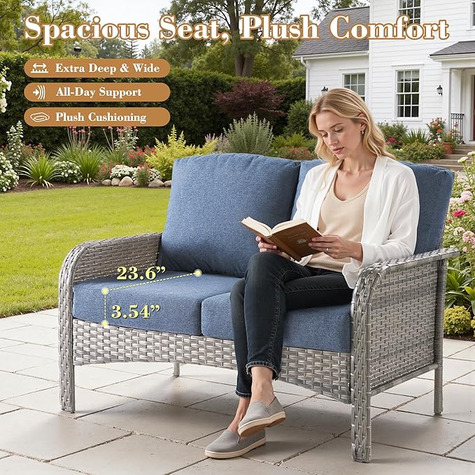 4 Pieces Patio Furniture Set, Small Outdoor Patio Set with Coffee Table, All-Weather Rattan Wicker High Back Conversation Set Loveseat with Chairs for Porch, Backyard, Balcony, Denim Blue