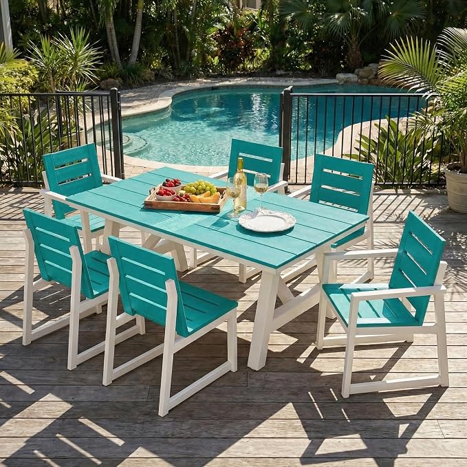 Costaelm Stinson 7-Piece Outdoor HDPE Patio Dining Table Set with Umbrella Hole & Dining Chairs for 6, Turquoise