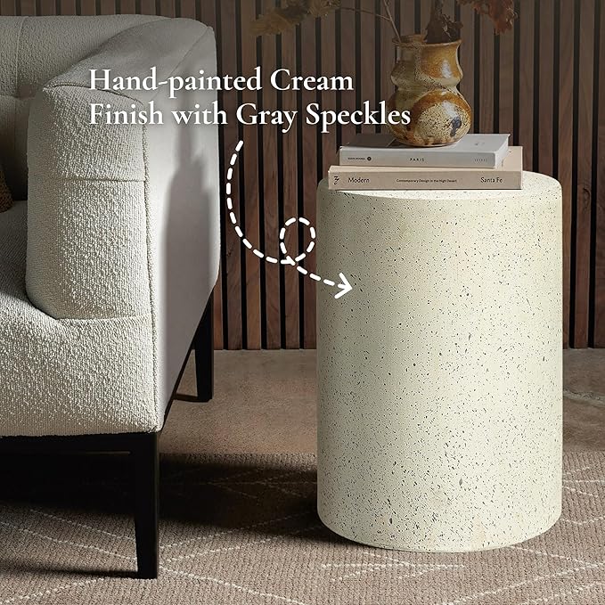 LuxenHome Outdoor Side Table, 18 Inch Cement Outdoor End Tables for Patio, Garden Accent Table, Modern Small Round Side Tables for Outside, Tree Stump Garden Stool Drum Indoor and Outdoor