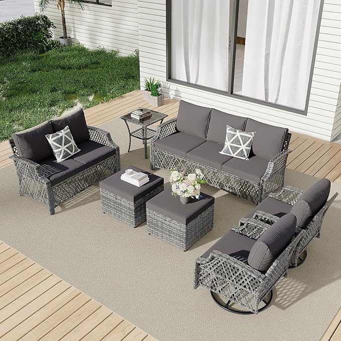 HOMREST 7 Piece Patio Furniture Set, Wicker Outdoor Conversation Sofa Set with Swivel Chairs, 2 Ottomans, Glass Side Table, Rattan Outdoor Sectional for Deck Backyard Porch （9 Seats, Gray）