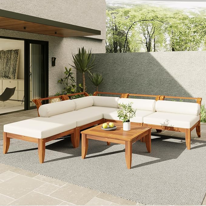 6 Piece Acacia Wood Patio Sofa Set with Tea Table, L-Shaped Modular Sectional Outdoor Garden Furniture Set Conversation Sofa Set Convertible Daybed with 5 Cushions and Pillows, Teak