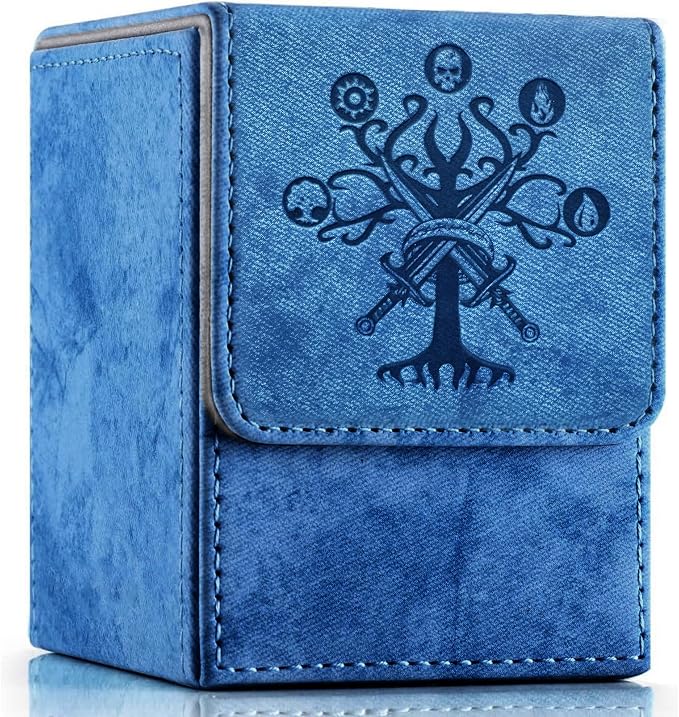 PROMAXIBINDER MTG Commander Deck Box with 2 Dividers, Fits 100+ Single Sleeved Cards, Strong Magnet Magic Gathering Deck Box, PU Leather Trading Card Storage Box for TCG CCG MTG Cards (Navy Blue-Tree)