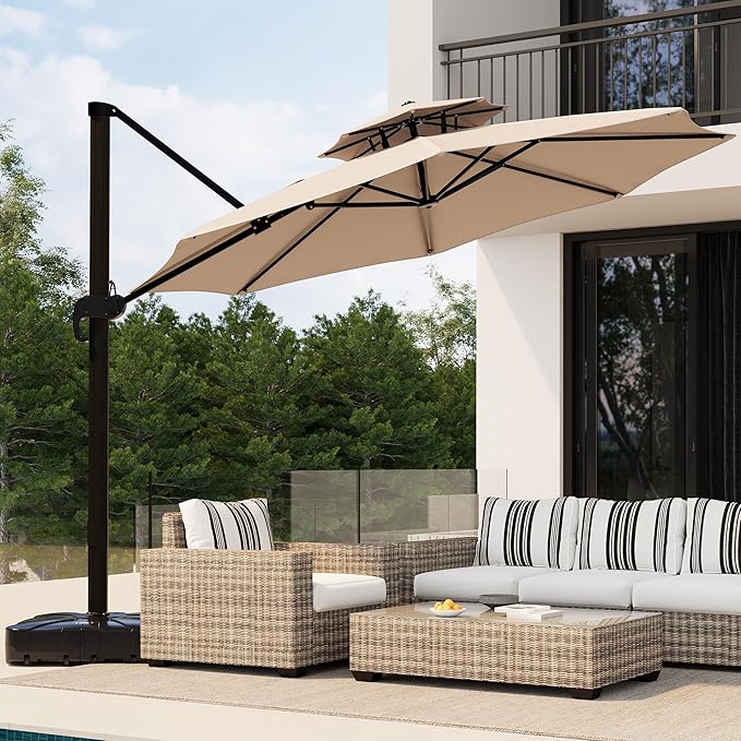 10x10 FT Round Outdoor Umbrella with Base, Cantilever Patio Umbrella with 360° Rotation & Adjustable Height, Heavy Duty Aluminum Umbrella Outdoor Patio for Garden Poolside,Khaki