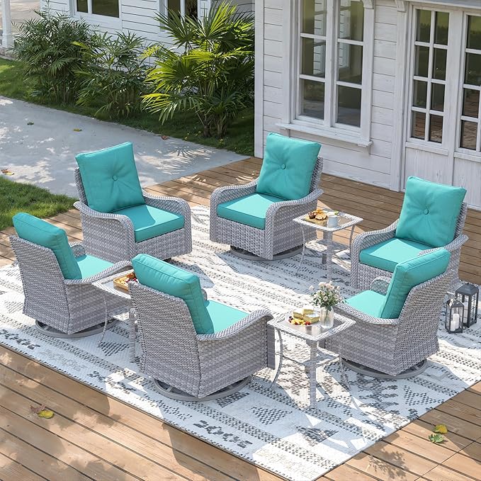 9 Piece Wicker Patio Furniture Set, Swivel Rocking Chairs with 4''Cushions, PE Rattan, Rust Resistant Frame, Double Layer Glass Side Table, for Backyard, Deck or Balcony, Blue