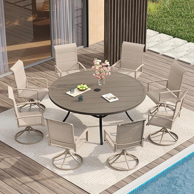 VICLLAX 9 Pieces Patio Dining Set for 8-Outdoor Furniture Includes 60" Round Outdoor Table and Swivel Padded Chairs, Grey Wood Grain Tabletop and Sandshell Fabric