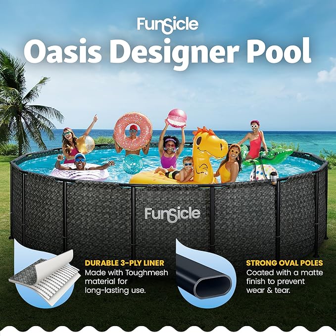 Funsicle Oasis Designer 16' x 48" Round Above Ground Swimming Pool, With FiltraBoost 1800 GPH Filter Pump With AutoSkimmer, Pump, Ladder, Deluxe Maintenance Kit, Cover & Ground Cloth, Dark Herringbone