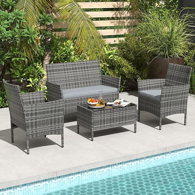 RELAX4LIFE 4-Piece Patio Furniture Set - Rattan Outdoor Conversation Bistro Set w/Cushions, Glass Coffee Table, Wicker Chairs & Loveseat for Garden Backyard Porch, Balcony Furniture Set (1, Mix Grey)