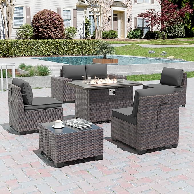 7 Pieces Outdoor Patio Furniture Set with 43"/55000BTU Gas Fire Pit Table,PE Rattan Wicker Outdoor Conversation Sofa Set Non-Slip Cushions Waterproof Covers for Backyard,Poolside,Garden,Grey